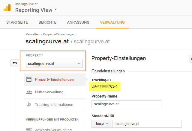 Screenshot: Anzeige der Google Analytics Tracking-ID für eine Webseite bzw. Property