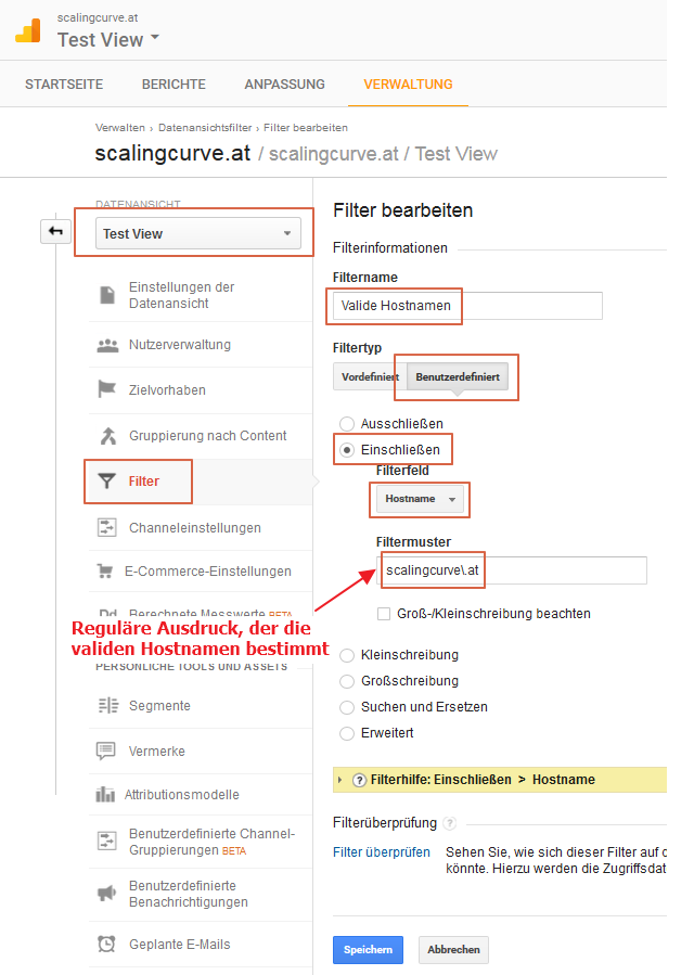 Screenshot: Konfiguration eines Filters zum herausfiltern von Sitzungen mit falschem, invaliden Hostnamen